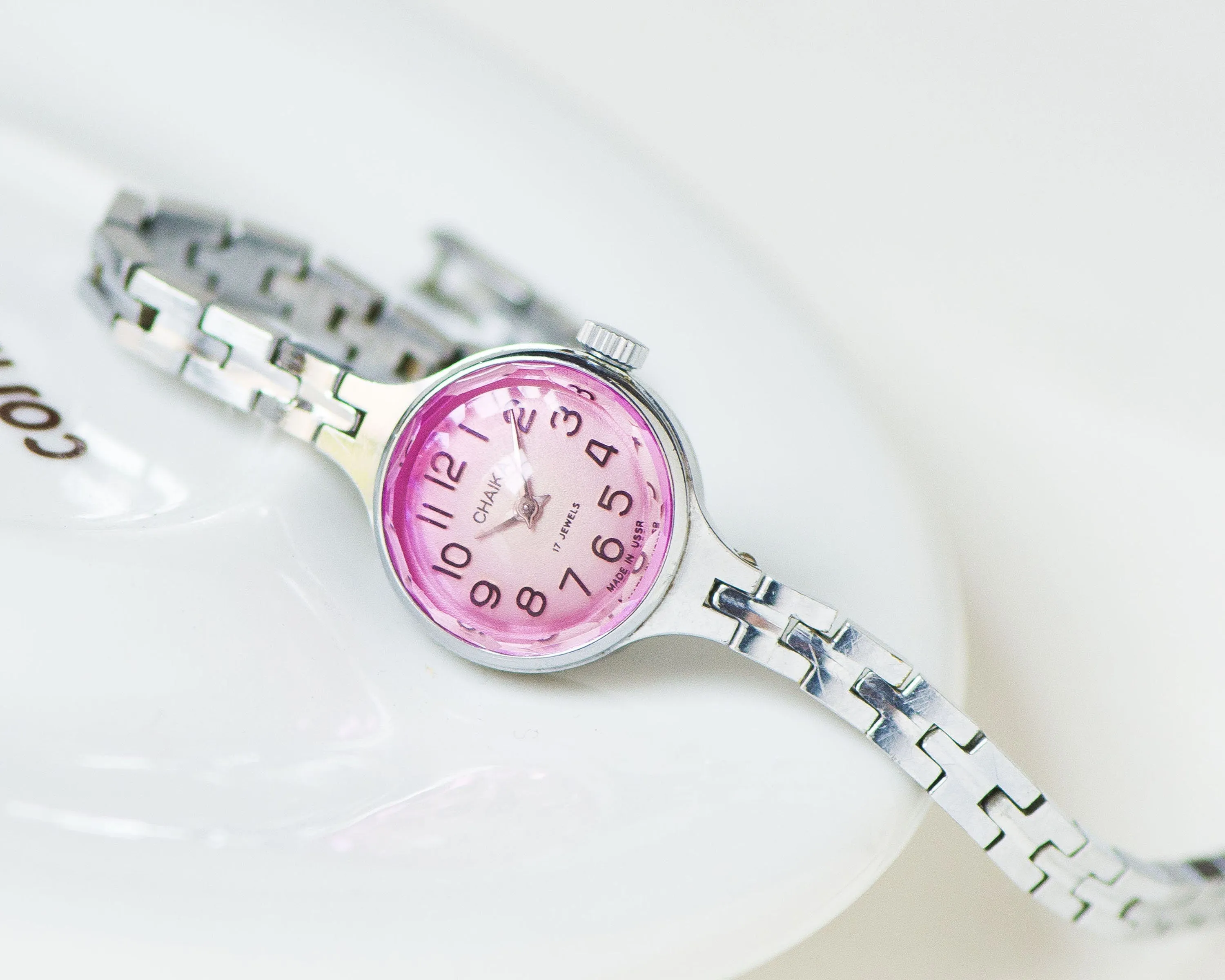 Pink cocktail watch for women chic jewelry silver shade, limited edition watch bracelet Seagull, vintage lady watch classic gift small wrist