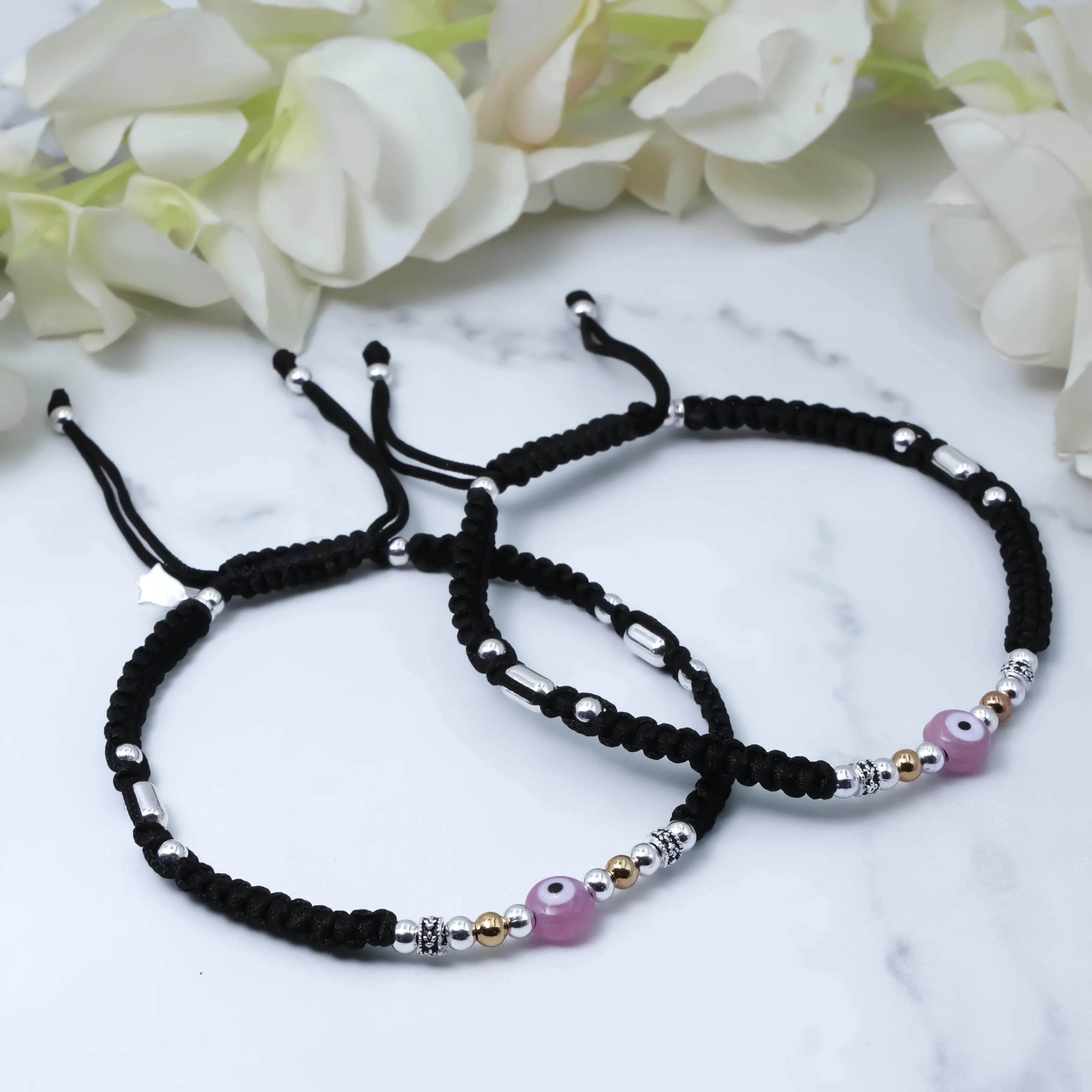 Pink Evil Eye Thread Anklet with Silver Buds