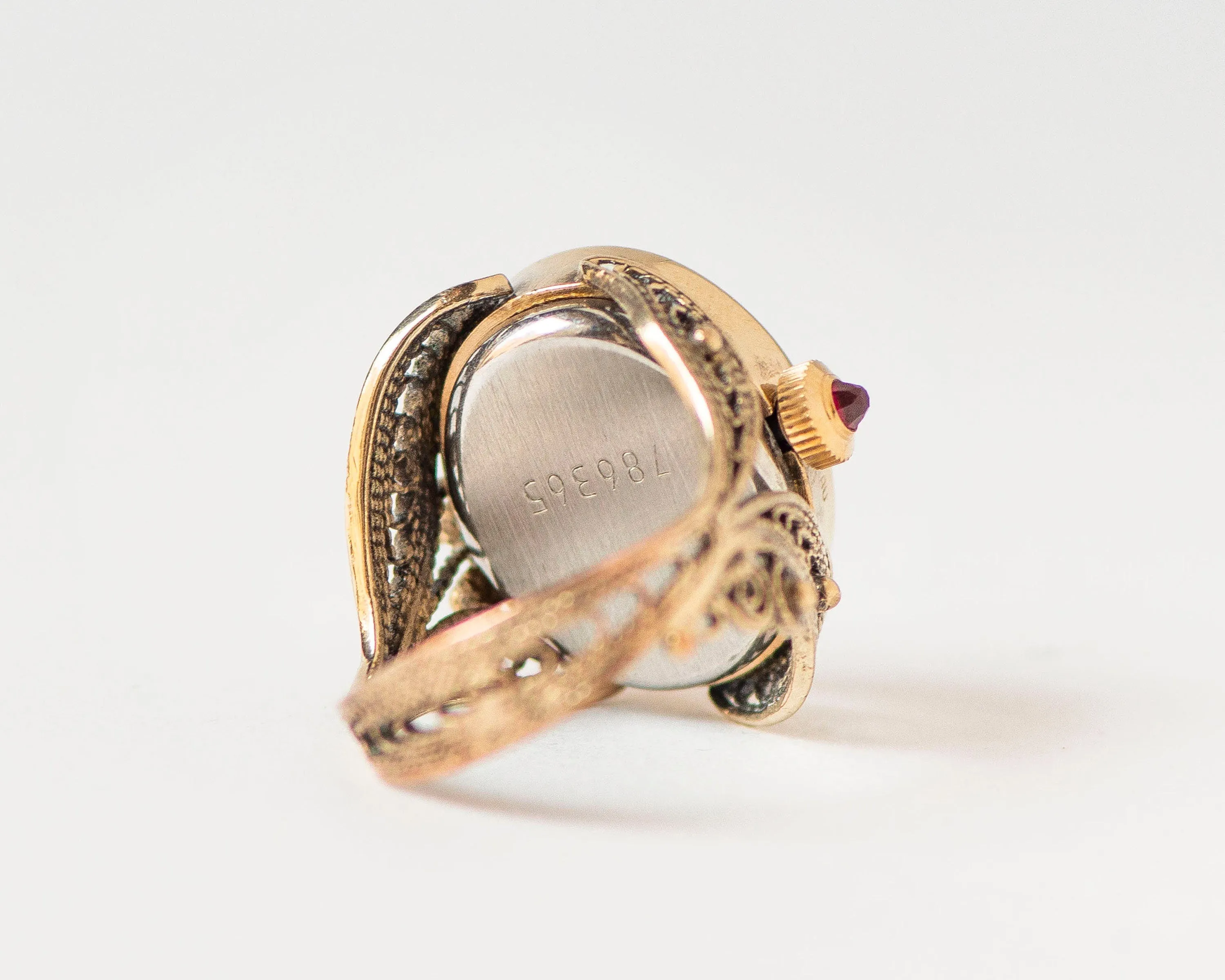 Posh filigree women's watch ring Seagull gold plated ladies ring watch oval red jewelry, chic ring watch mechanical gift her watch ring rare