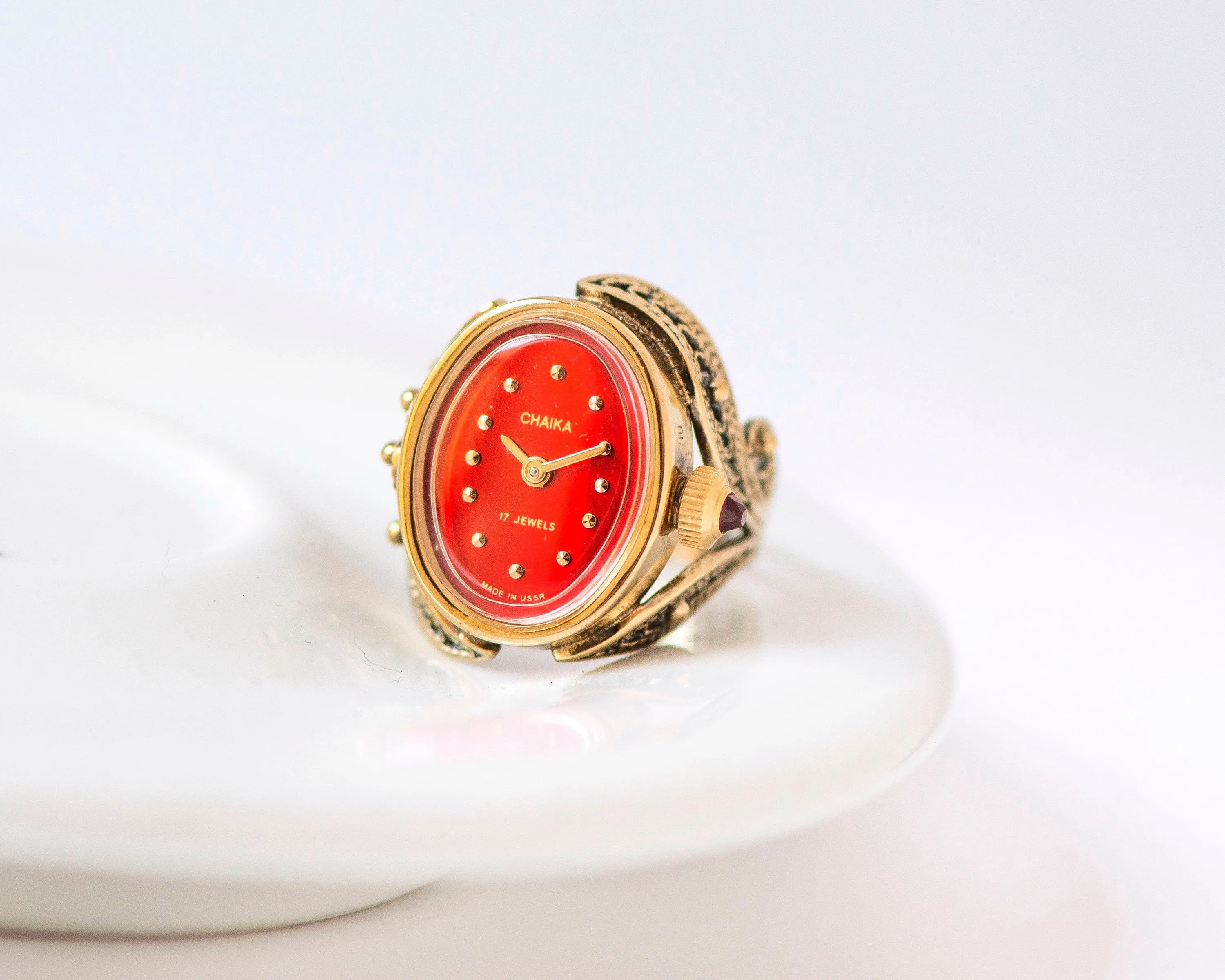 Posh filigree women's watch ring Seagull gold plated ladies ring watch oval red jewelry, chic ring watch mechanical gift her watch ring rare
