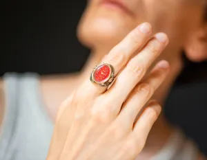 Posh filigree women's watch ring Seagull gold plated ladies ring watch oval red jewelry, chic ring watch mechanical gift her watch ring rare