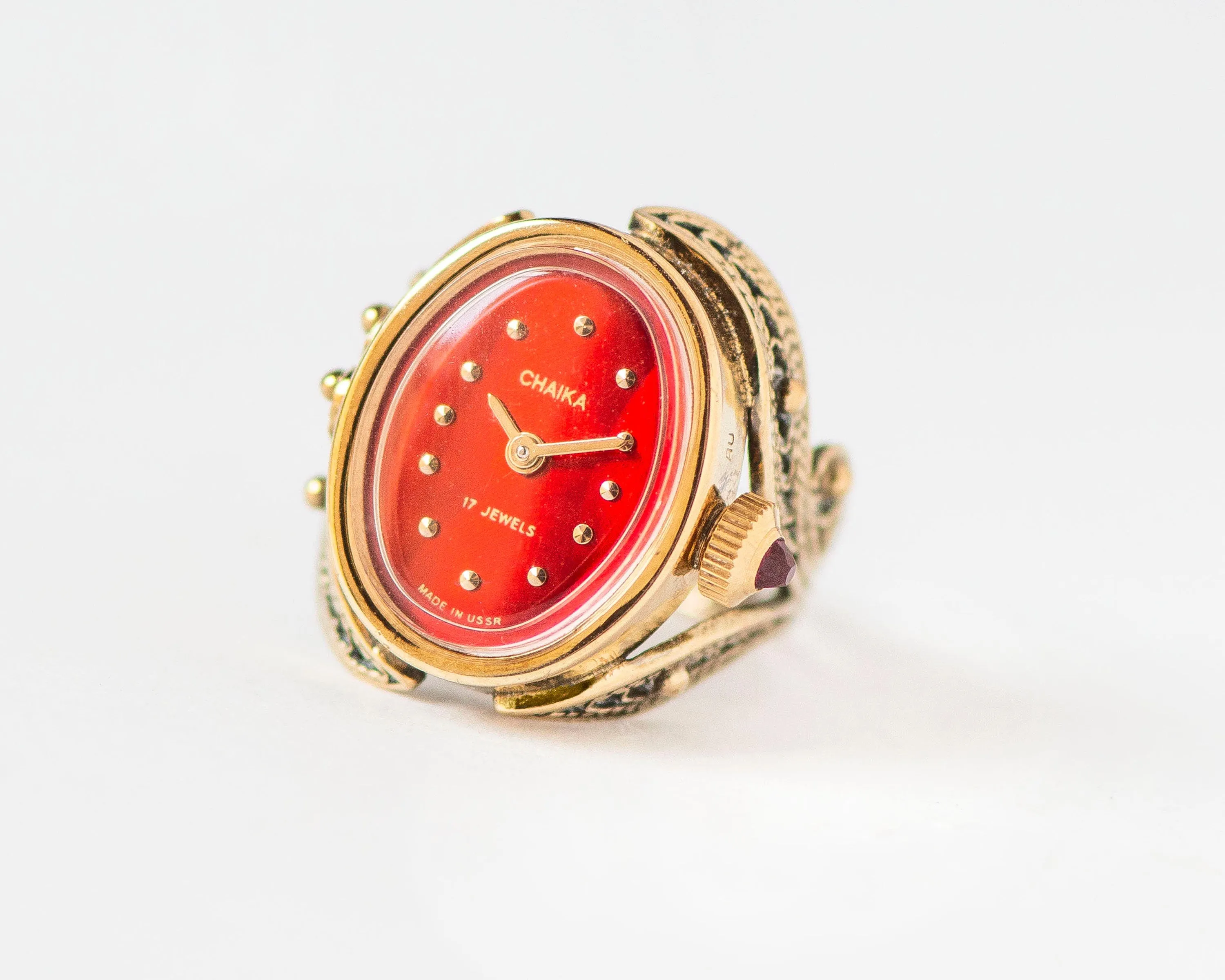 Posh filigree women's watch ring Seagull gold plated ladies ring watch oval red jewelry, chic ring watch mechanical gift her watch ring rare