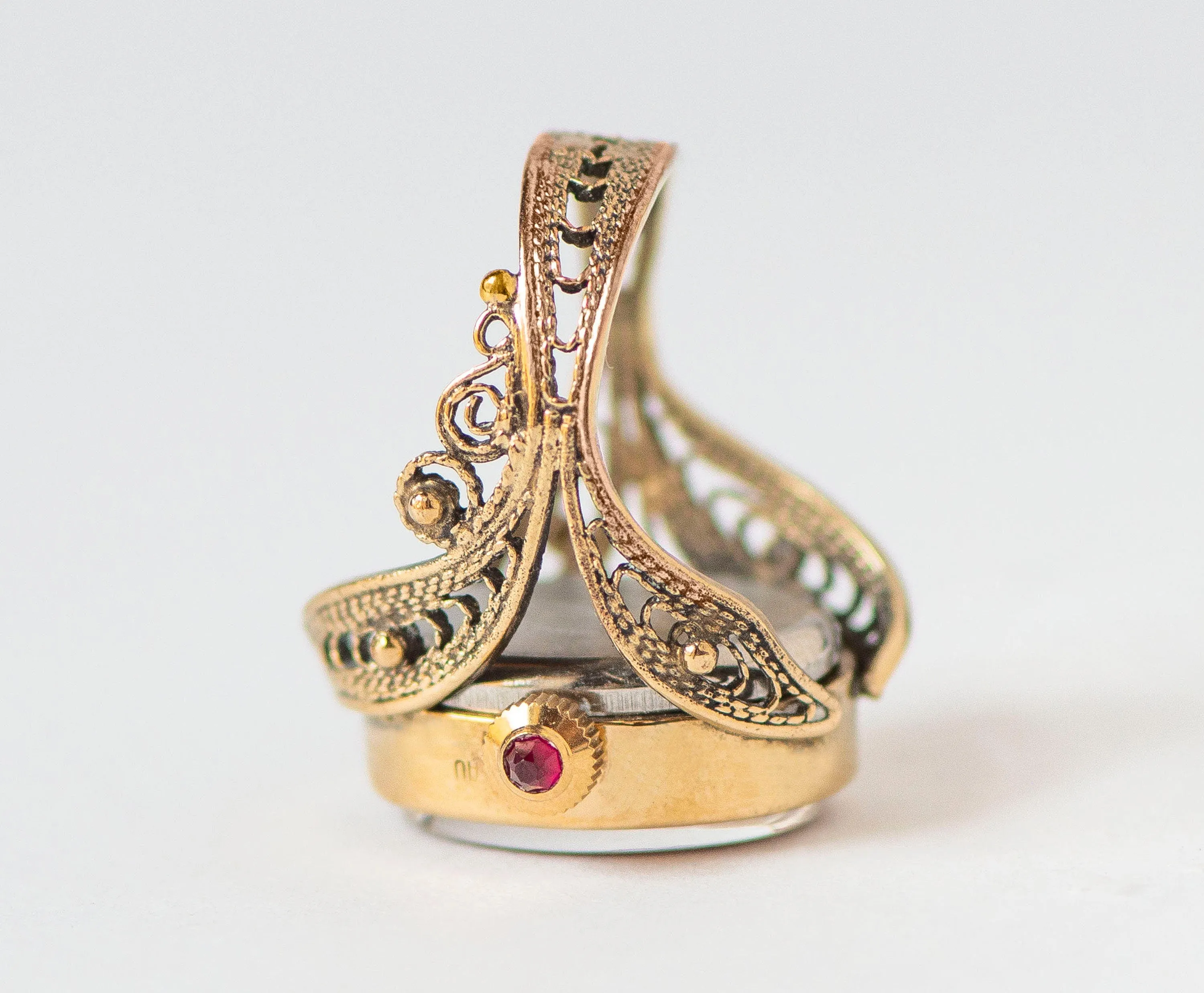 Posh filigree women's watch ring Seagull gold plated ladies ring watch oval red jewelry, chic ring watch mechanical gift her watch ring rare