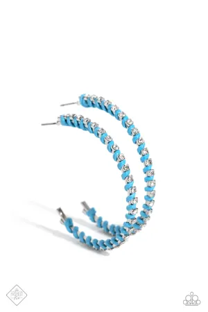 Put a STRING on It - Blue - Wrapped Cord White Rhinestone Paparazzi Hoop Earrings - September 2023 Sunset Sightings