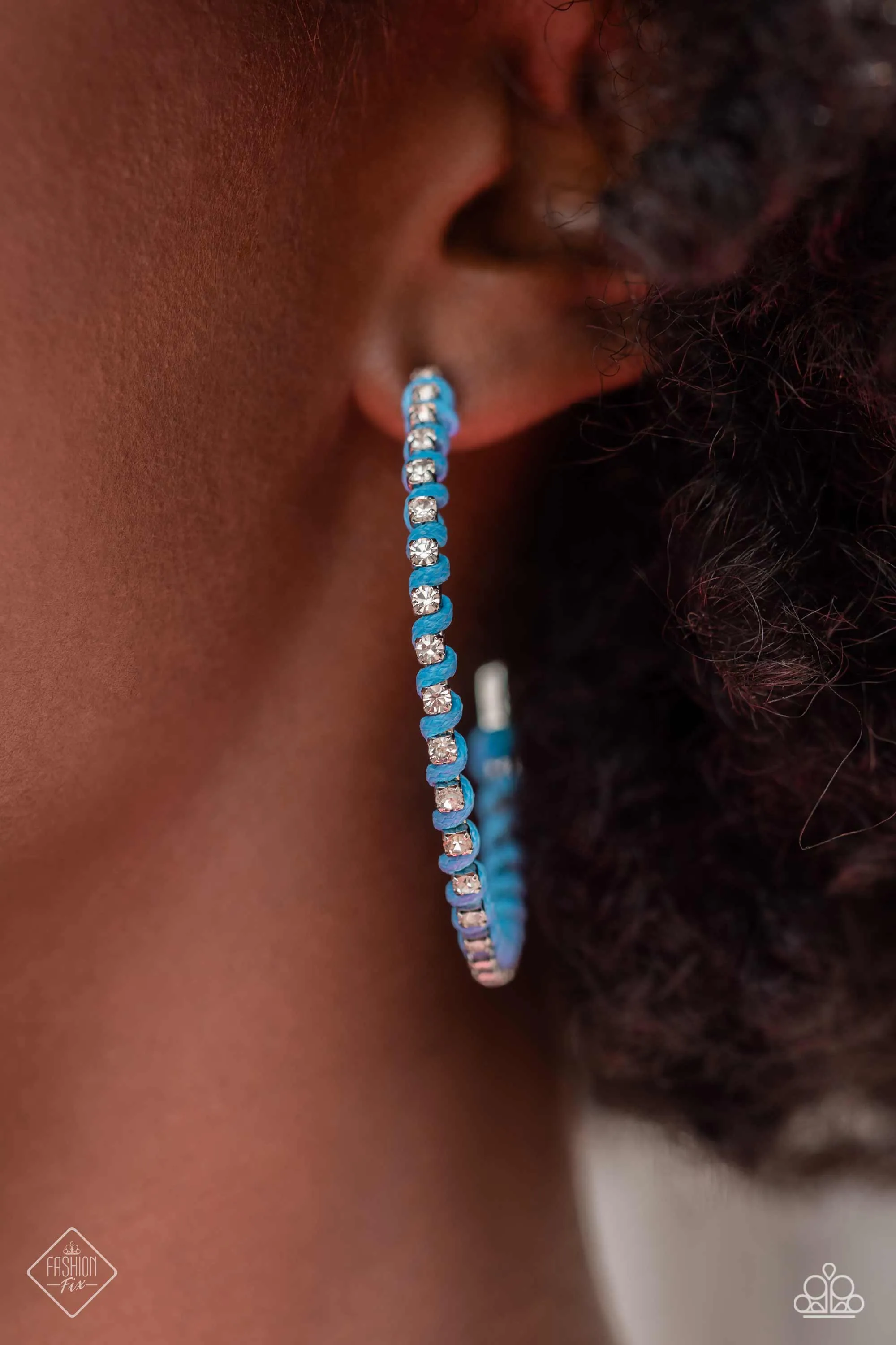 Put a STRING on It - Blue - Wrapped Cord White Rhinestone Paparazzi Hoop Earrings - September 2023 Sunset Sightings