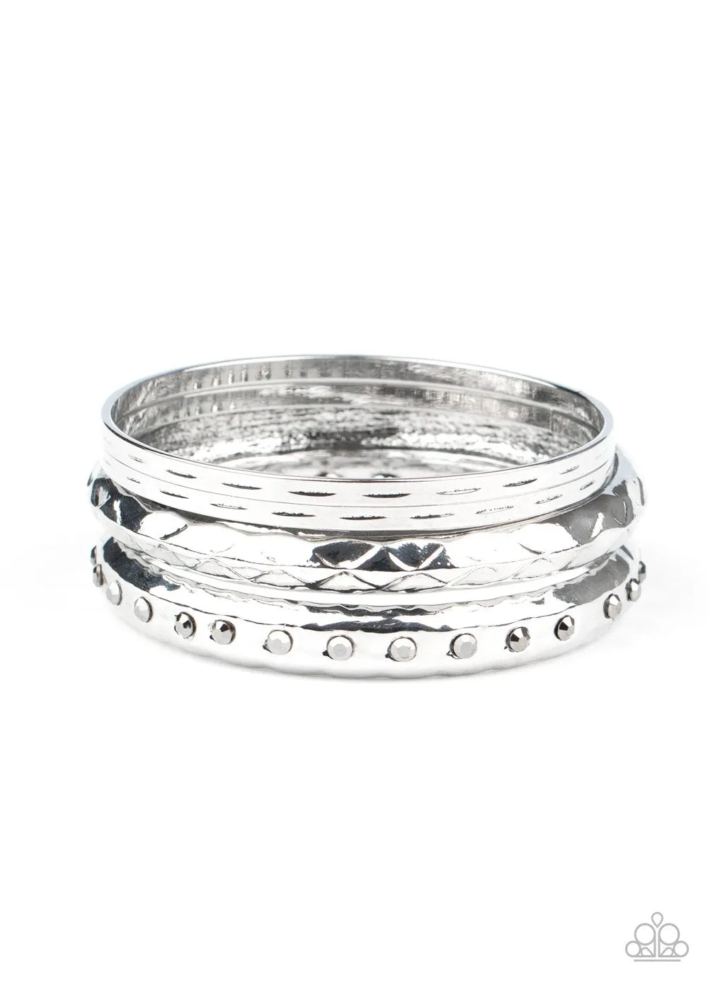 " Revved Up Rhinestones " Silver Metal & Hematite Rhinestone Bangles Set of 4