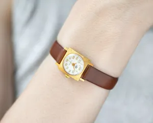 Rare women watch unused gold plated Dawn, sunburst case retro watch for lady classic, small square women watch gift new premium leather band