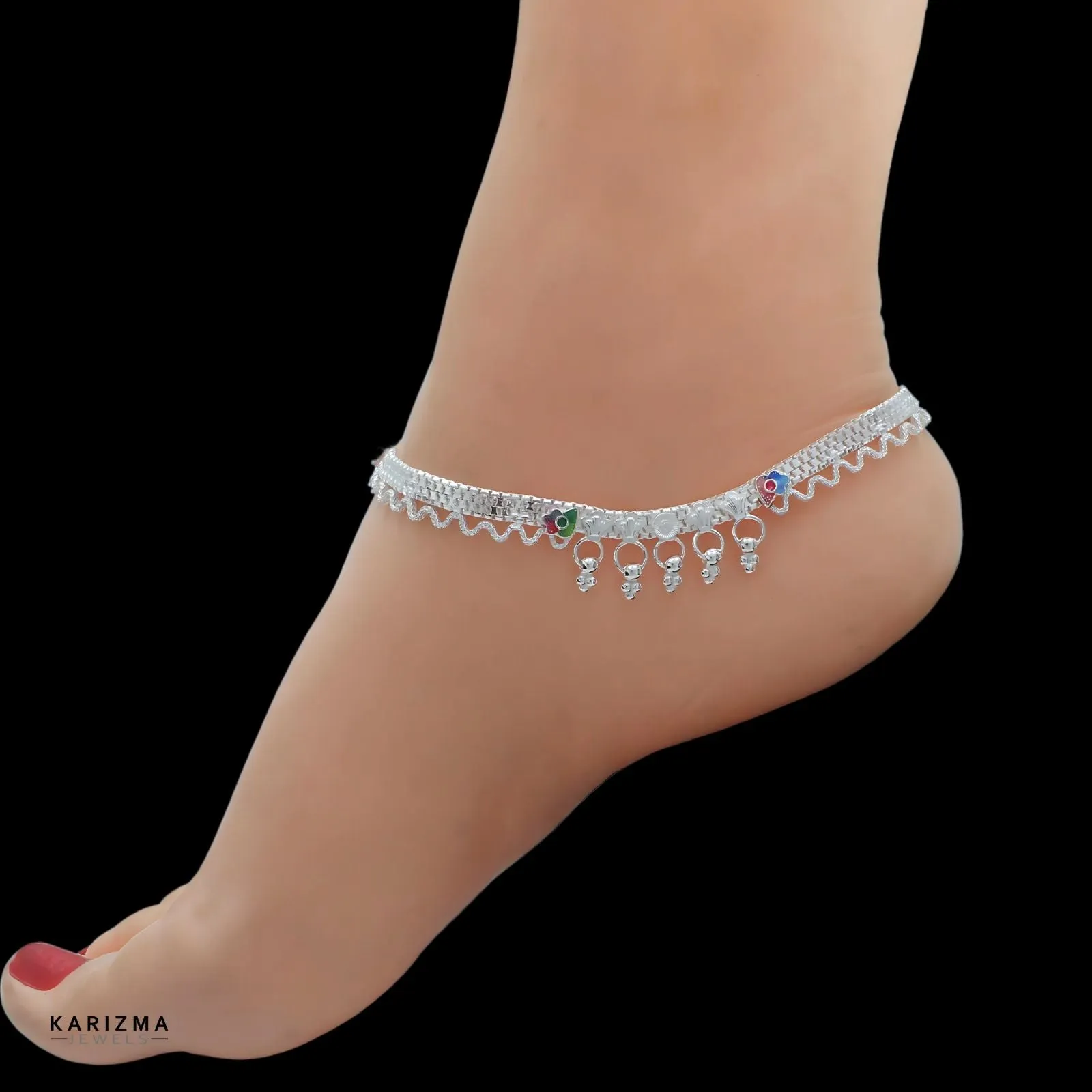 Real Silver Indian women boho style Anklets Ankle Pair 10.2"