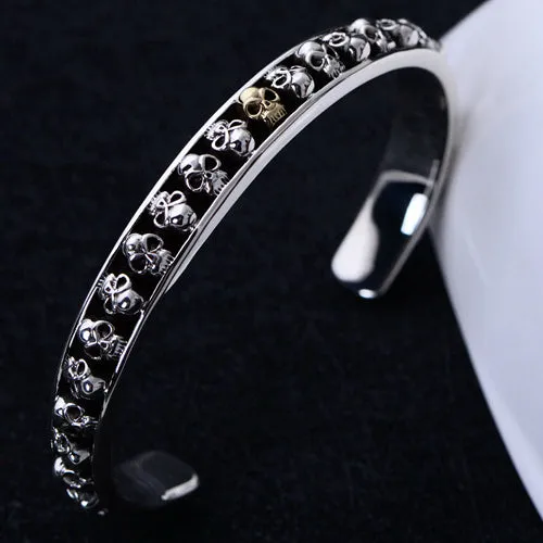 Real Solid 925 Sterling Silver Cuff Bracelet Bangle Skeletons Skulls Punk Jewelry