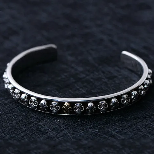 Real Solid 925 Sterling Silver Cuff Bracelet Bangle Skeletons Skulls Punk Jewelry