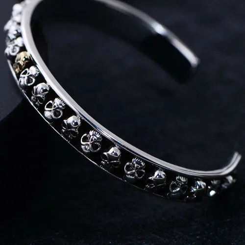 Real Solid 925 Sterling Silver Cuff Bracelet Bangle Skeletons Skulls Punk Jewelry