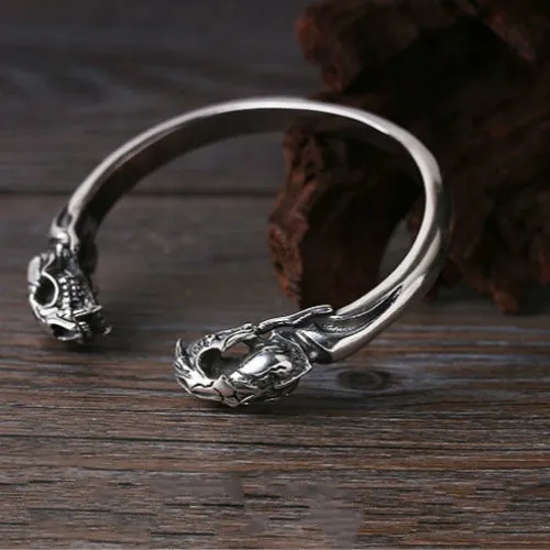 Real Solid 925 Sterling Silver Cuff Bracelet Bangle Smilodon Saber-toothed Tiger Skulls Punk Jewelry