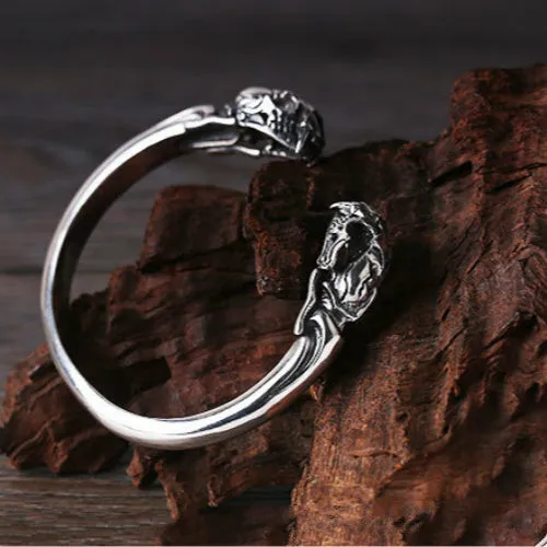 Real Solid 925 Sterling Silver Cuff Bracelet Bangle Smilodon Saber-toothed Tiger Skulls Punk Jewelry