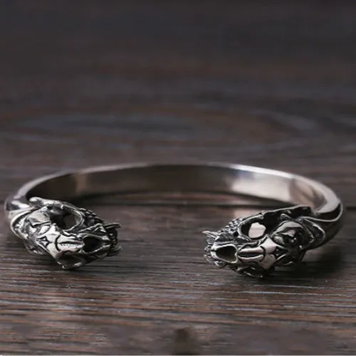 Real Solid 925 Sterling Silver Cuff Bracelet Bangle Smilodon Saber-toothed Tiger Skulls Punk Jewelry