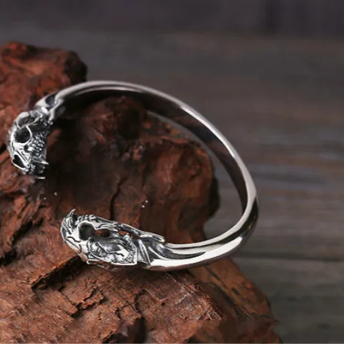 Real Solid 925 Sterling Silver Cuff Bracelet Bangle Smilodon Saber-toothed Tiger Skulls Punk Jewelry