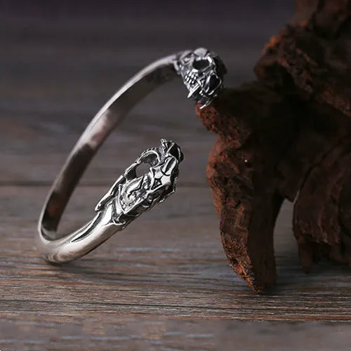Real Solid 925 Sterling Silver Cuff Bracelet Bangle Smilodon Saber-toothed Tiger Skulls Punk Jewelry