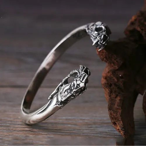 Real Solid 925 Sterling Silver Cuff Bracelet Bangle Smilodon Saber-toothed Tiger Skulls Punk Jewelry