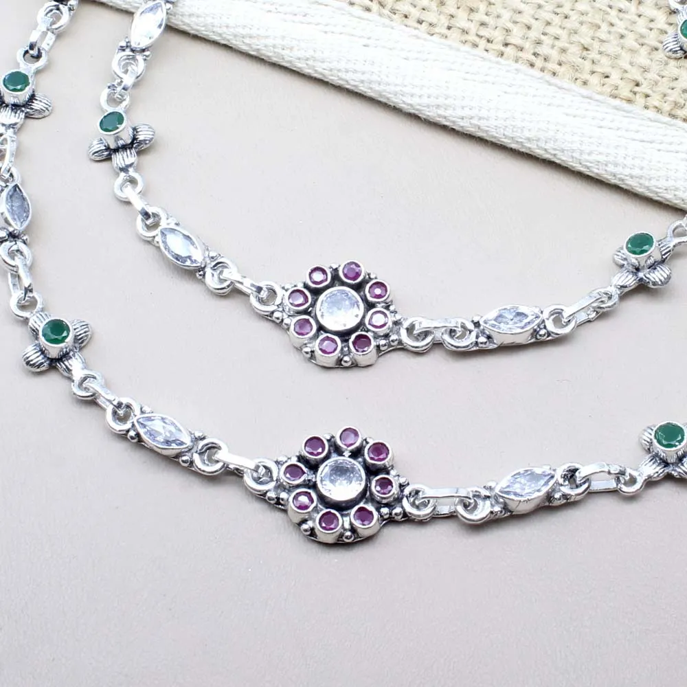 Real Solid Oxidized 925 Silver CZ Anklets Ankle 10.5"