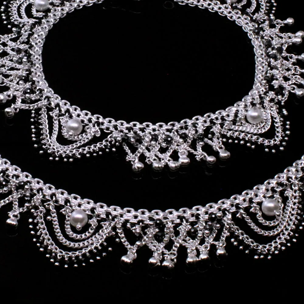 Real Sterling Silver Jewelry Black Ankle Bracelet pajeb Pair 10.5"