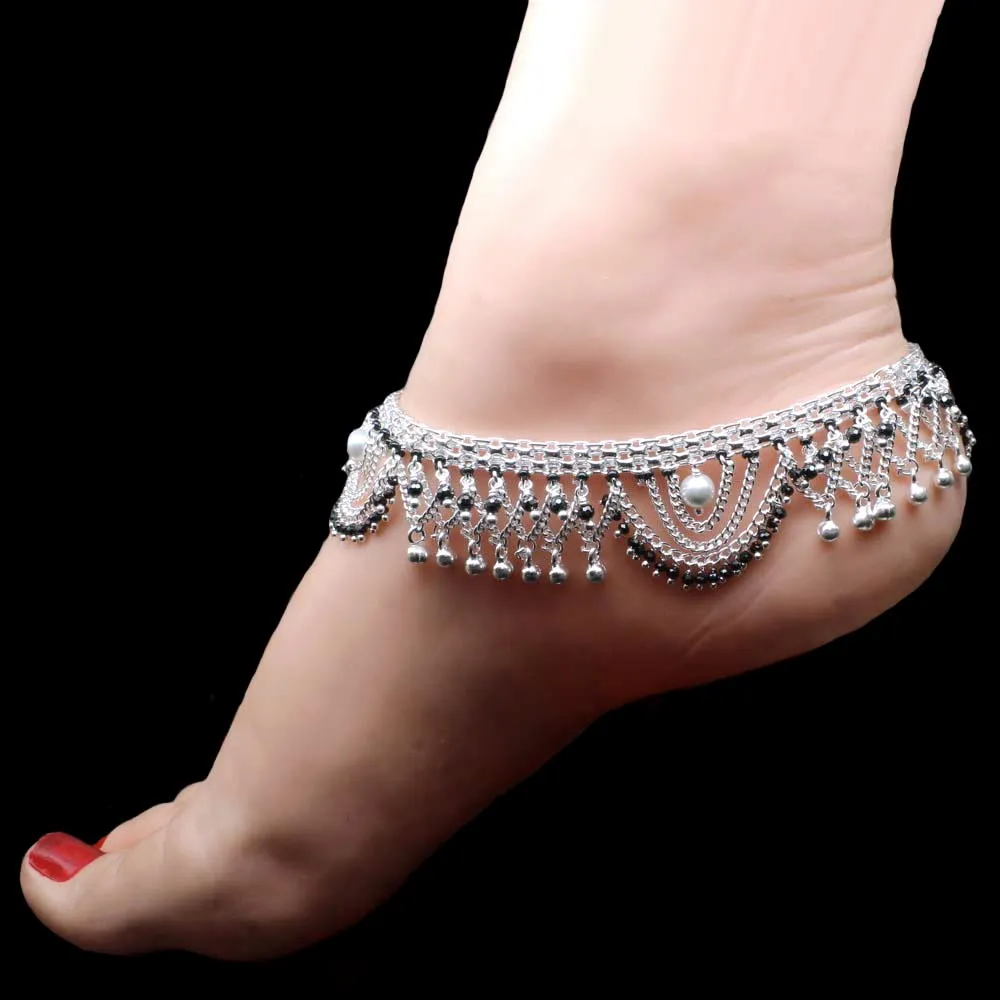 Real Sterling Silver Jewelry Black Ankle Bracelet pajeb Pair 10.5"