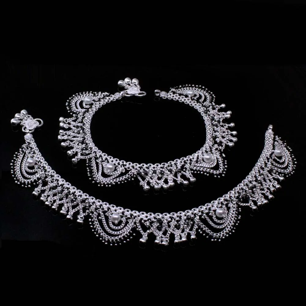 Real Sterling Silver Jewelry Black Ankle Bracelet pajeb Pair 10.5"
