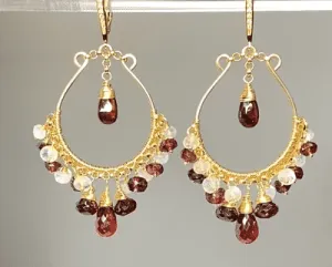 Red Garnet Gold Hoop Earrings Rainbow Moonstone