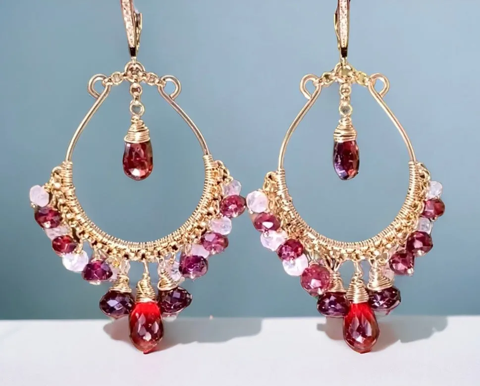 Red Garnet Gold Hoop Earrings Rainbow Moonstone