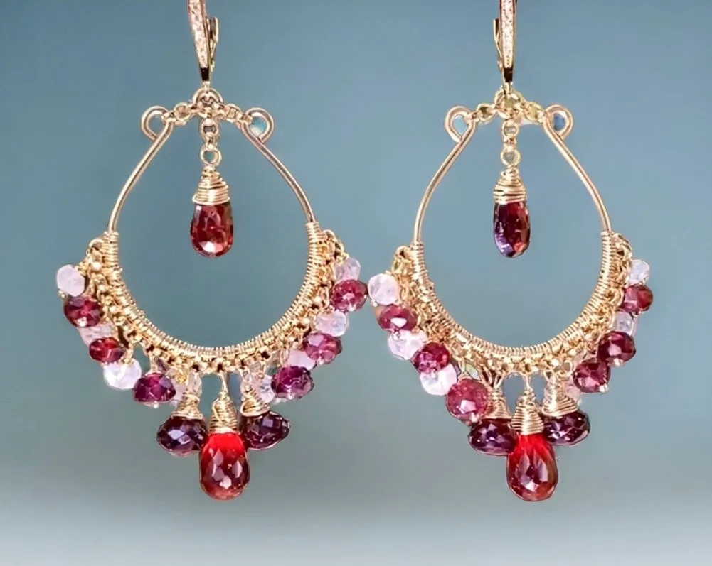Red Garnet Gold Hoop Earrings Rainbow Moonstone