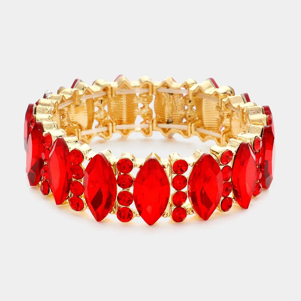 Red Marquise Stone with Rhinestone Accents Stretch Pageant Bracelet  | Prom Jewelry |  574981