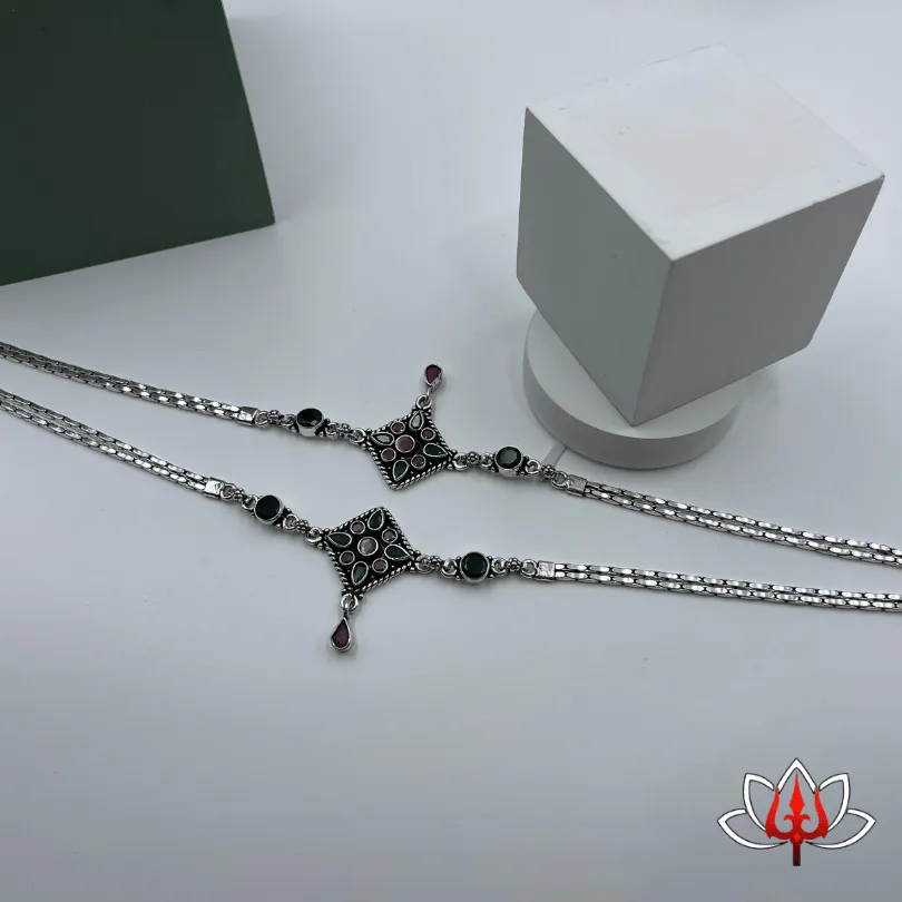 Regal Silver Anklets with Green & Maroon Gemstones – Trishul Silvers