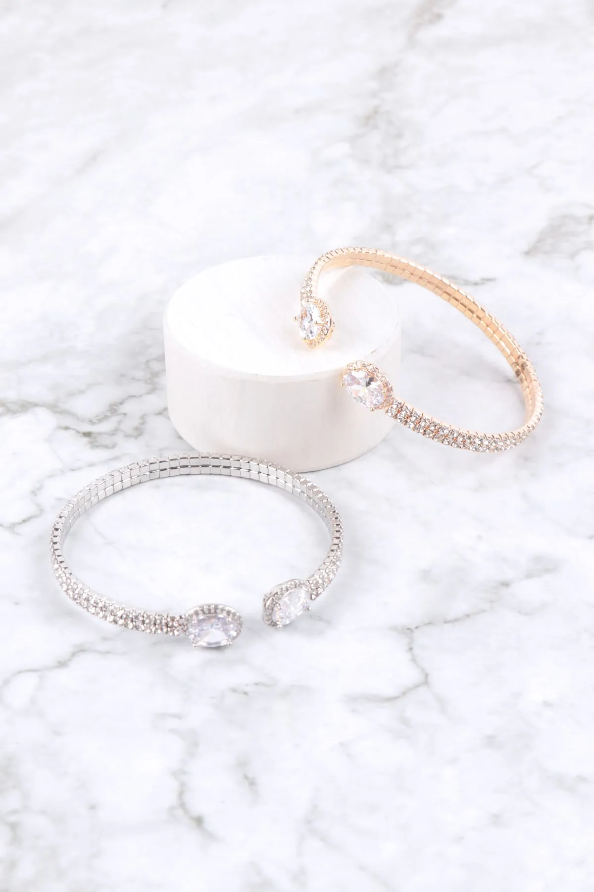 RHINESTONE OVAL CUBIC ZIRCONIA 2 LINE WIRE CUFF BRACELET