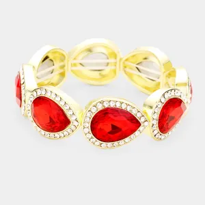 Rhinestone Trim Red Teardrop Crystal Stretch Pageant Bracelet on Gold | 425196