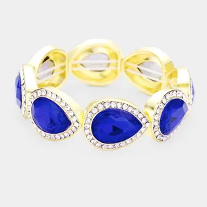 Rhinestone Trim Sapphire Teardrop Crystal Stretch Pageant Bracelet on Gold | 425197