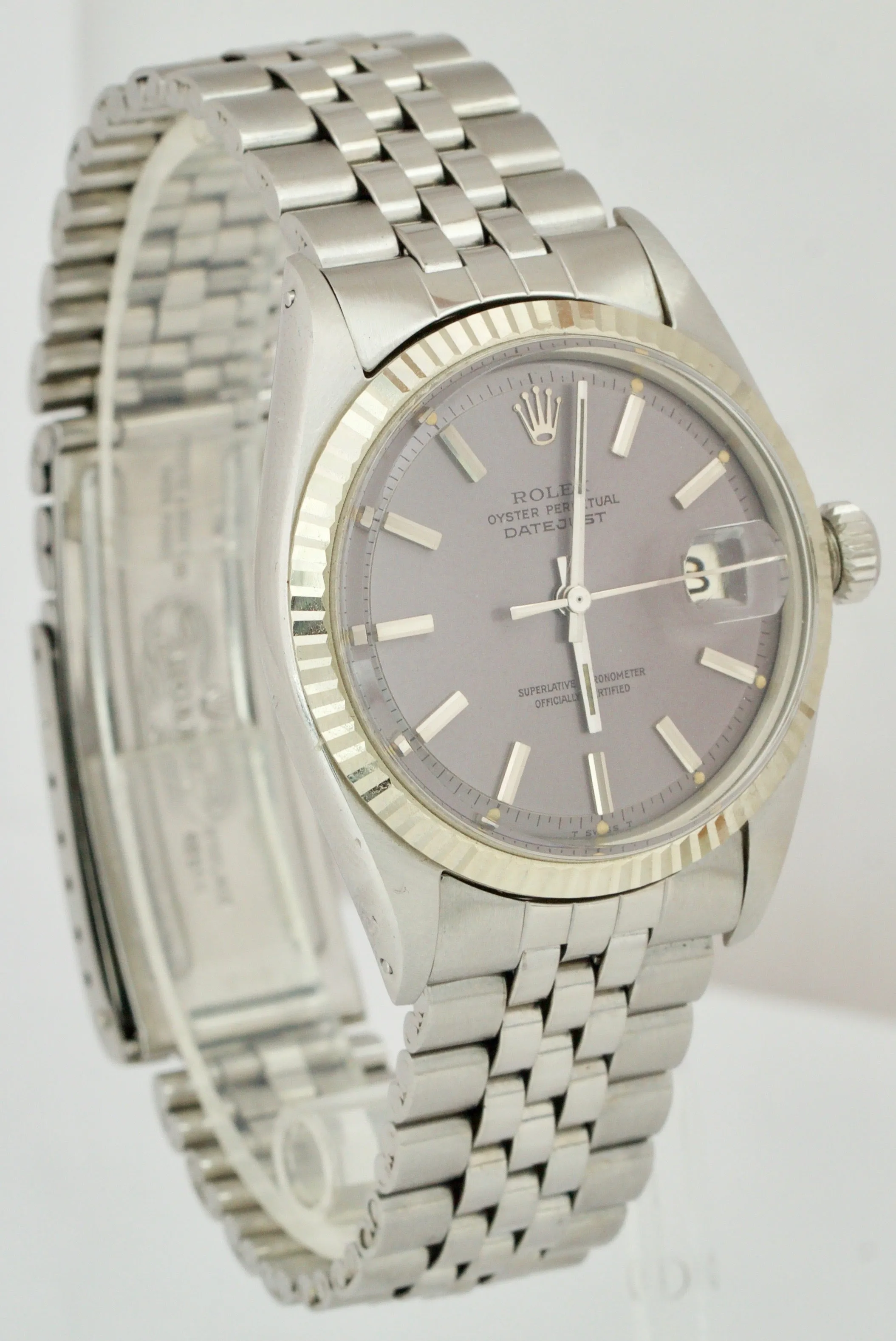 Rolex DateJust 36mm 1601 Stainless Silver Slate 18K White Gold Jubilee Watch