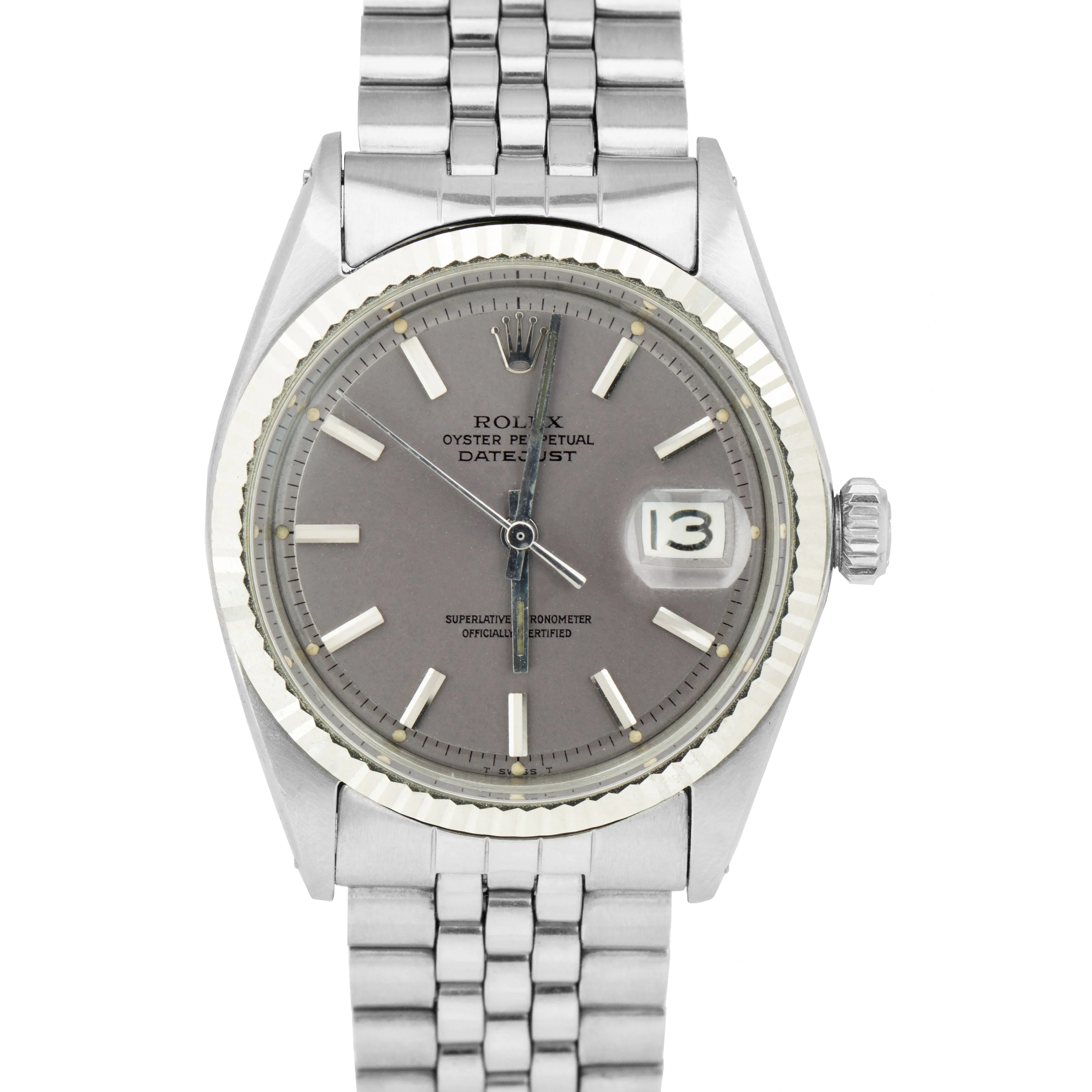 Rolex DateJust 36mm 1601 Stainless Silver Slate 18K White Gold Jubilee Watch