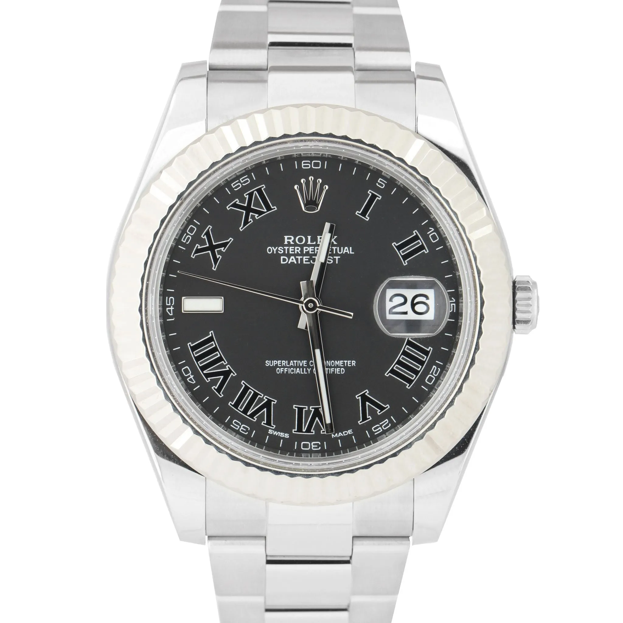Rolex Datejust II Gray Black Roman Dial 41MM Steel 18K White Gold Watch 116334