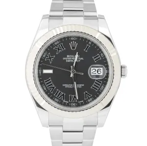 Rolex Datejust II Gray Black Roman Dial 41MM Steel 18K White Gold Watch 116334