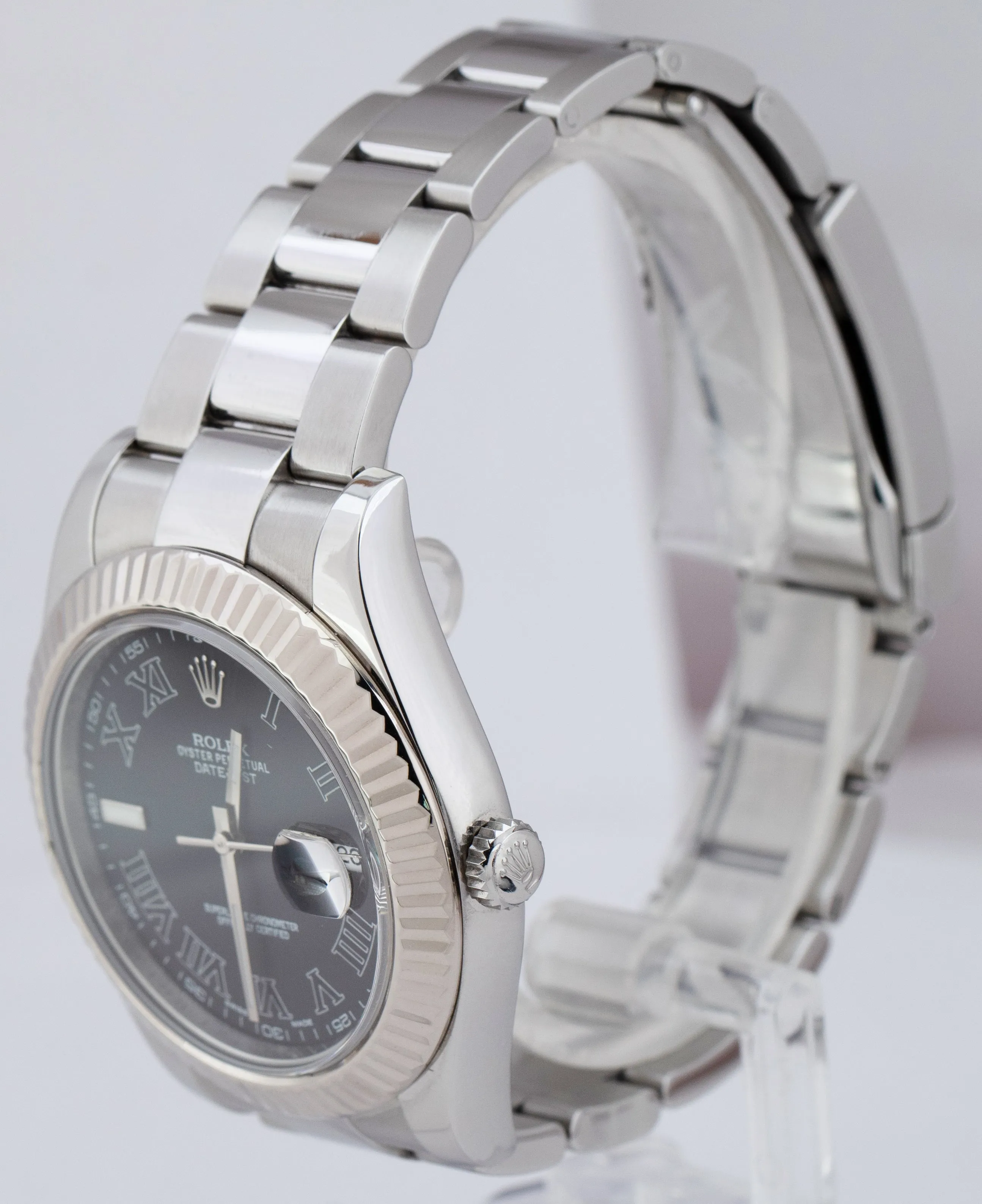 Rolex Datejust II Gray Black Roman Dial 41MM Steel 18K White Gold Watch 116334