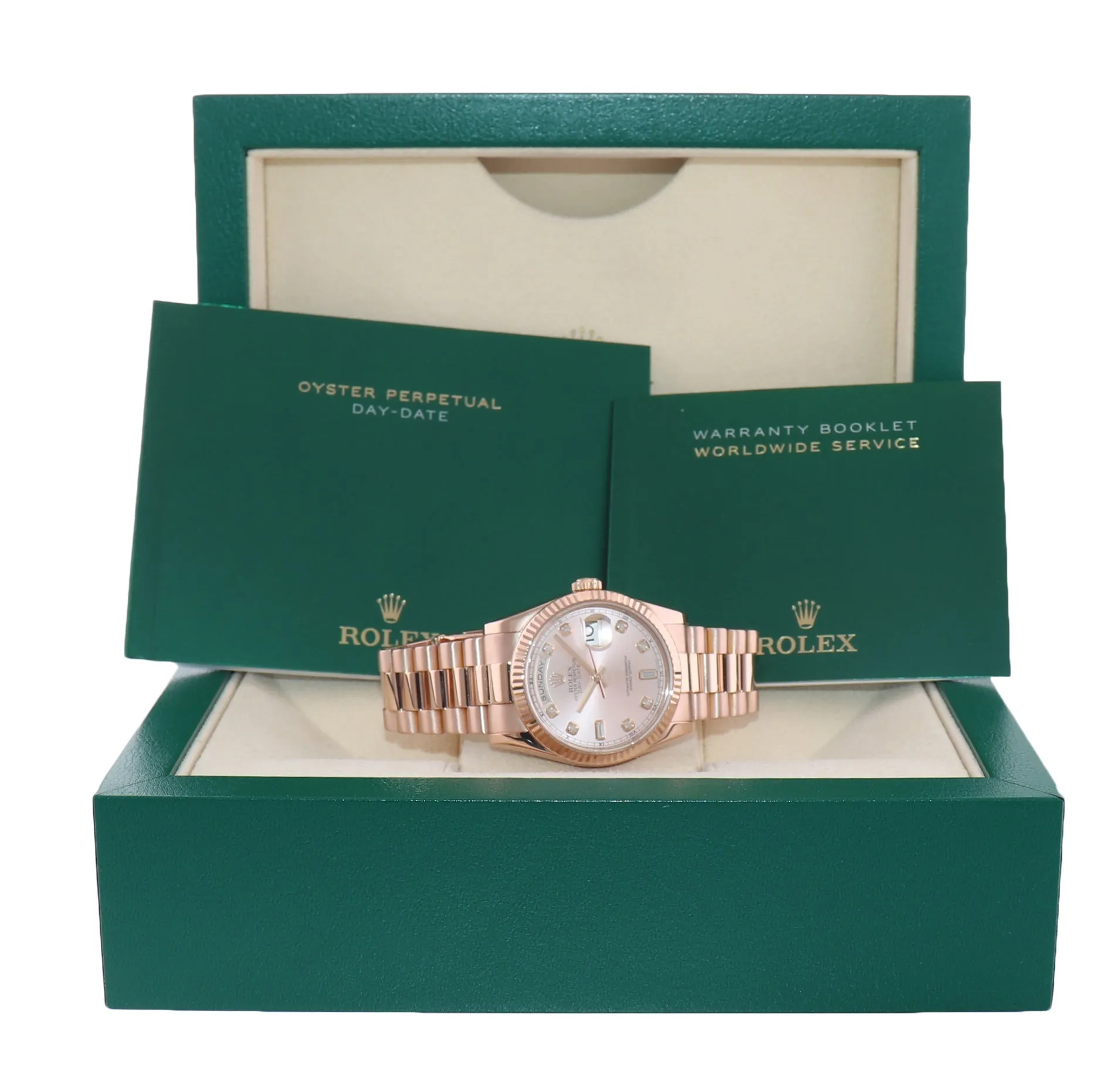 Rolex President Day Date Rose Gold 118235 Diamond Heavy Buckle Watch Box
