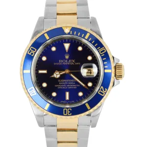 Rolex Submariner Two-Tone 18K Gold Stainless Steel Blue 40mm Oyster Watch 16613