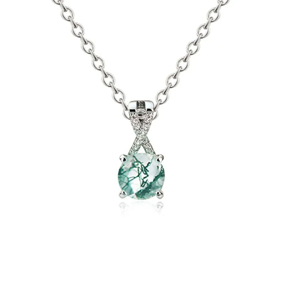 Round Moss Green Agate Pendant Necklace With Cz Accents