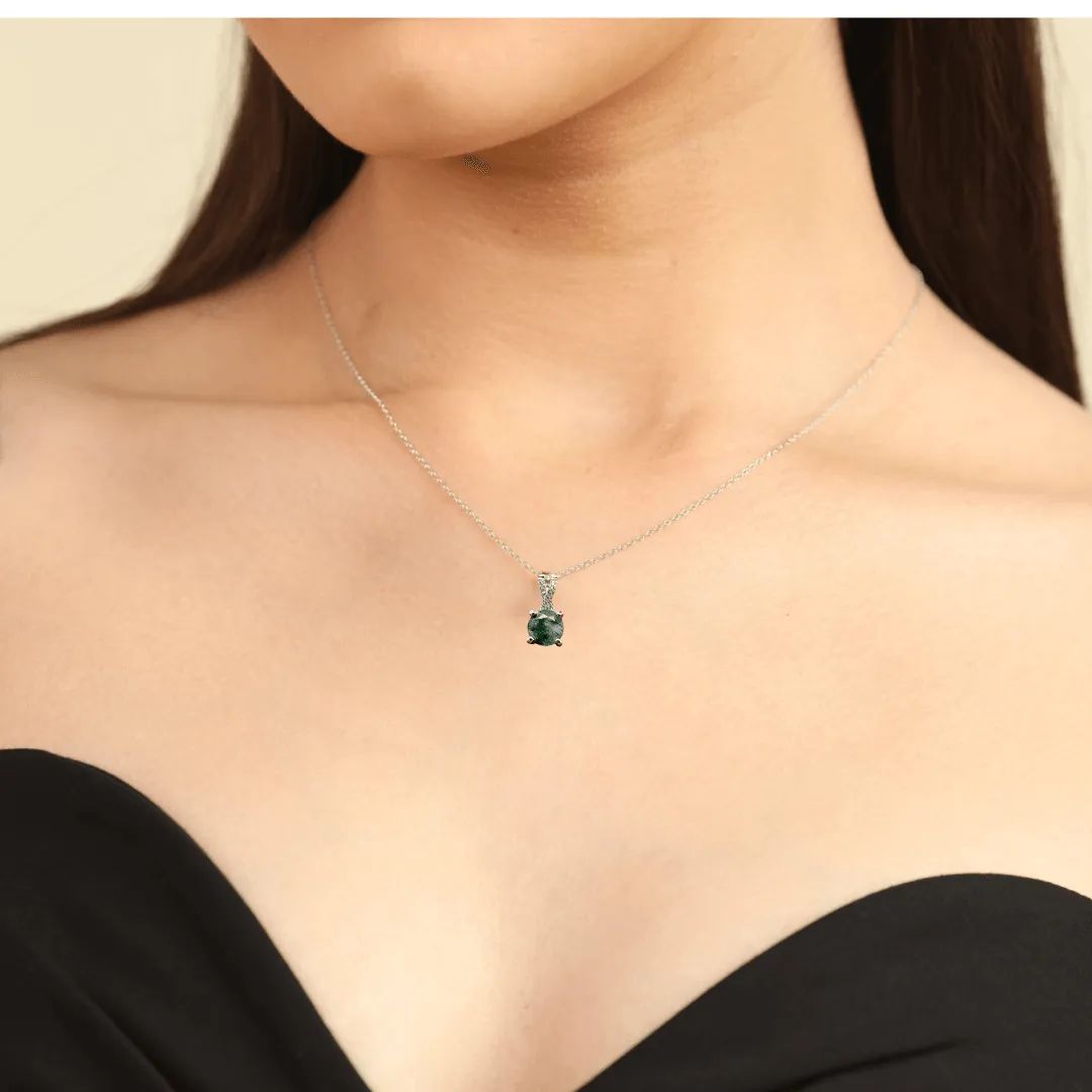 Round Moss Green Agate Pendant Necklace With Cz Accents