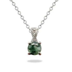 Round Moss Green Agate Pendant Necklace With Cz Accents