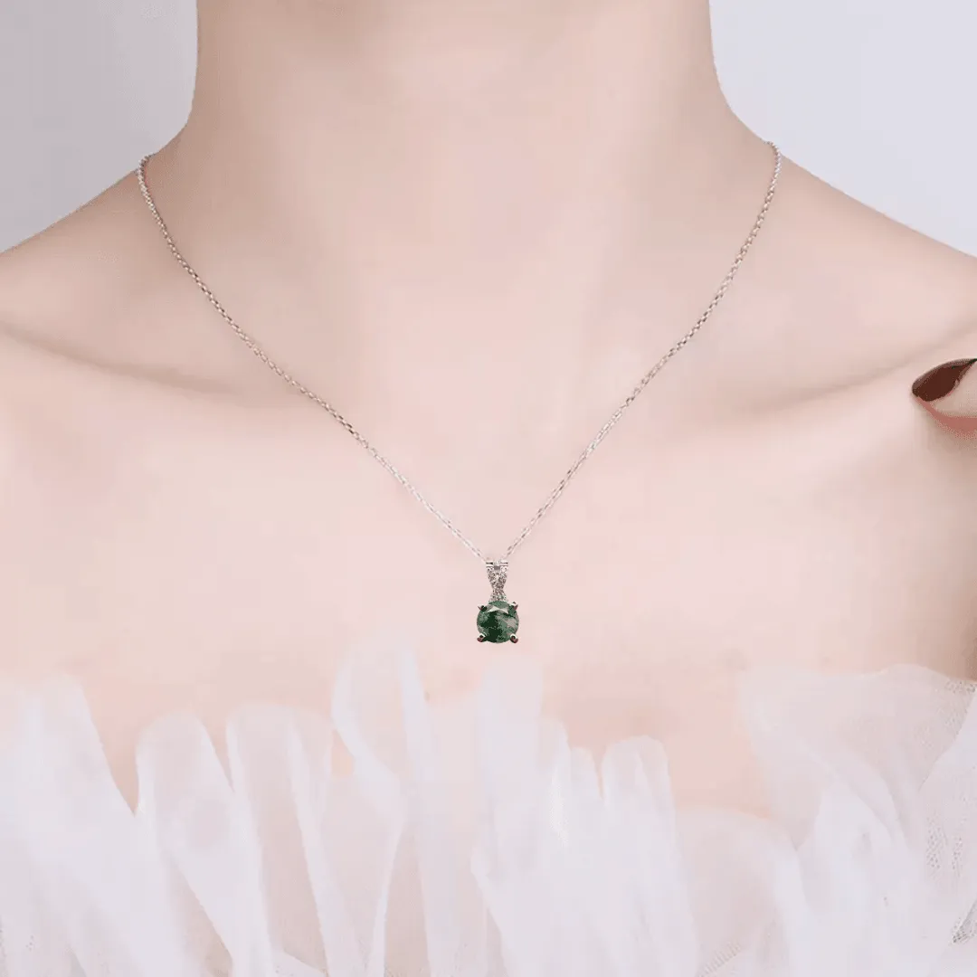 Round Moss Green Agate Pendant Necklace With Cz Accents