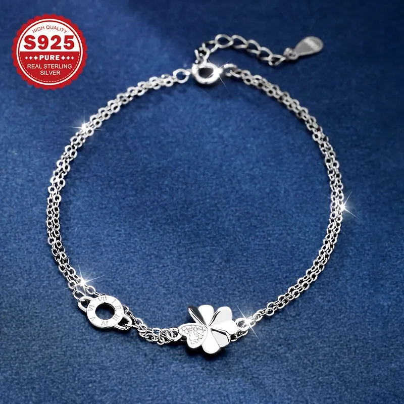 S925 Sterling Silver Ankle Bracelet with Floral Round Rings