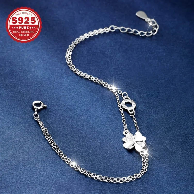 S925 Sterling Silver Ankle Bracelet with Floral Round Rings