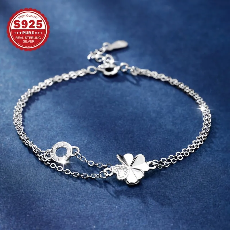 S925 Sterling Silver Ankle Bracelet with Floral Round Rings