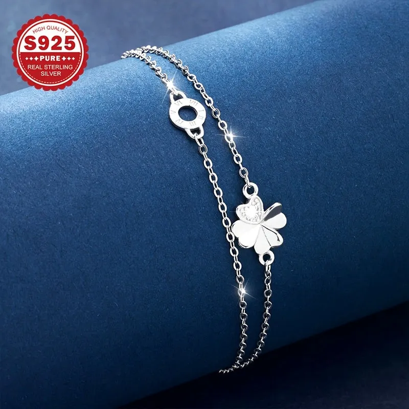 S925 Sterling Silver Ankle Bracelet with Floral Round Rings