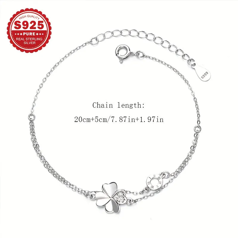 S925 Sterling Silver Ankle Bracelet with Floral Round Rings