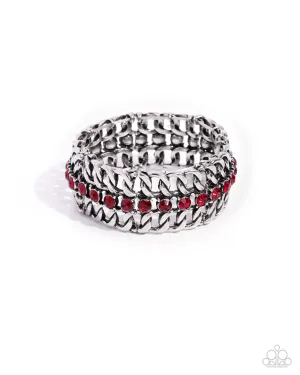 Secure Shimmer - Red - Rhinestone Silver Curb Chain Paparazzi Stretchy Bracelet